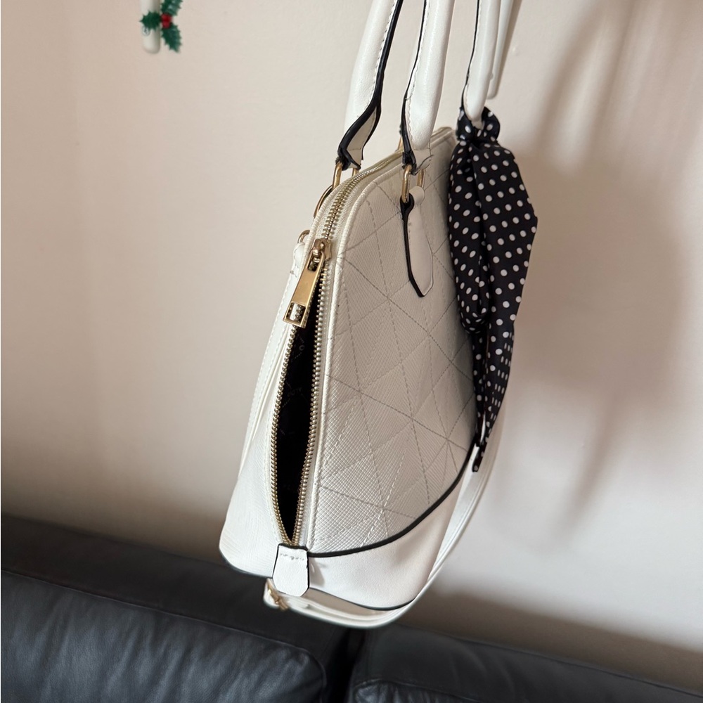 Aldo White Structured Satchel with Black Polka Dot Scarf - Picture 4 of 7